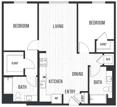 Floor plan for 2 beds, 2 baths, 1101 sqft
